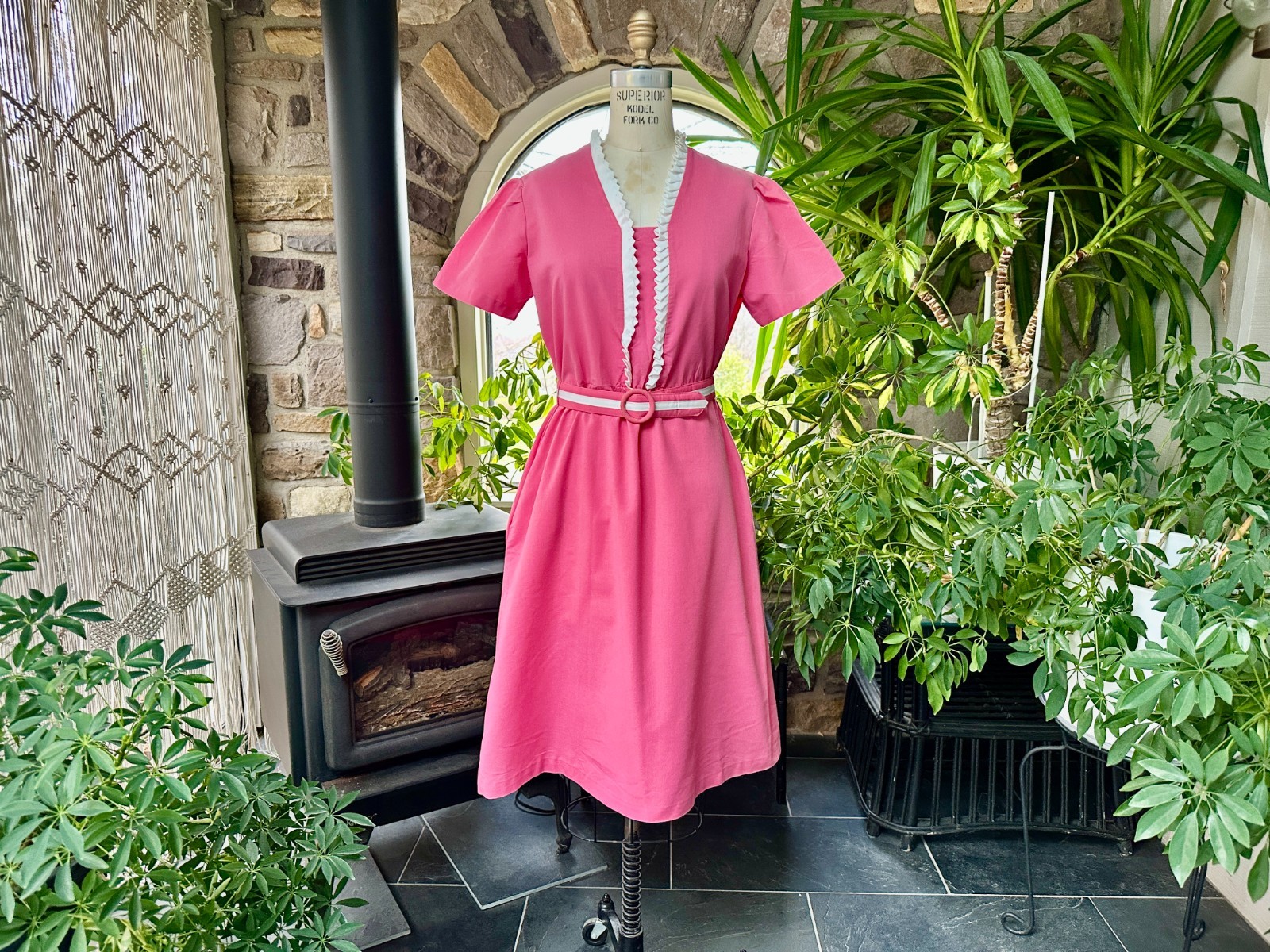 Vintage 1970s Pink and White Trim Belted Dress Sears the Fashion Place