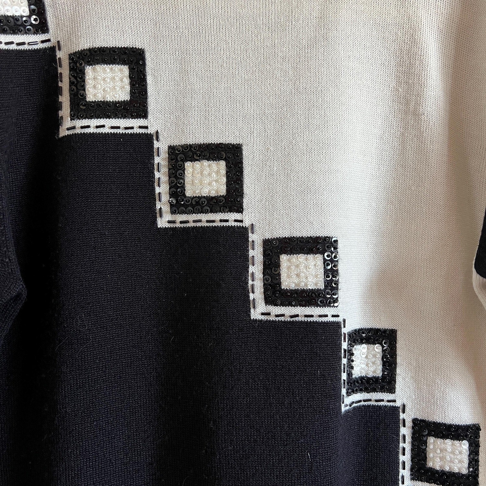 Vintage Black White Graphic Sweater 80s 90s Colorblock Sequin Knit Pullover Med