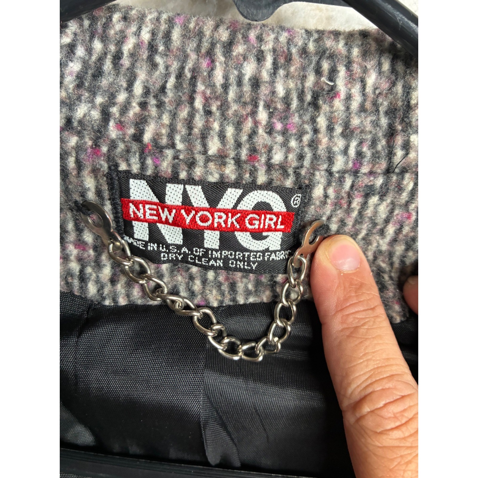 Vintage New York Girl Wool Blend Tweed Long Coat Grey Pink ILGWU Made in USA
