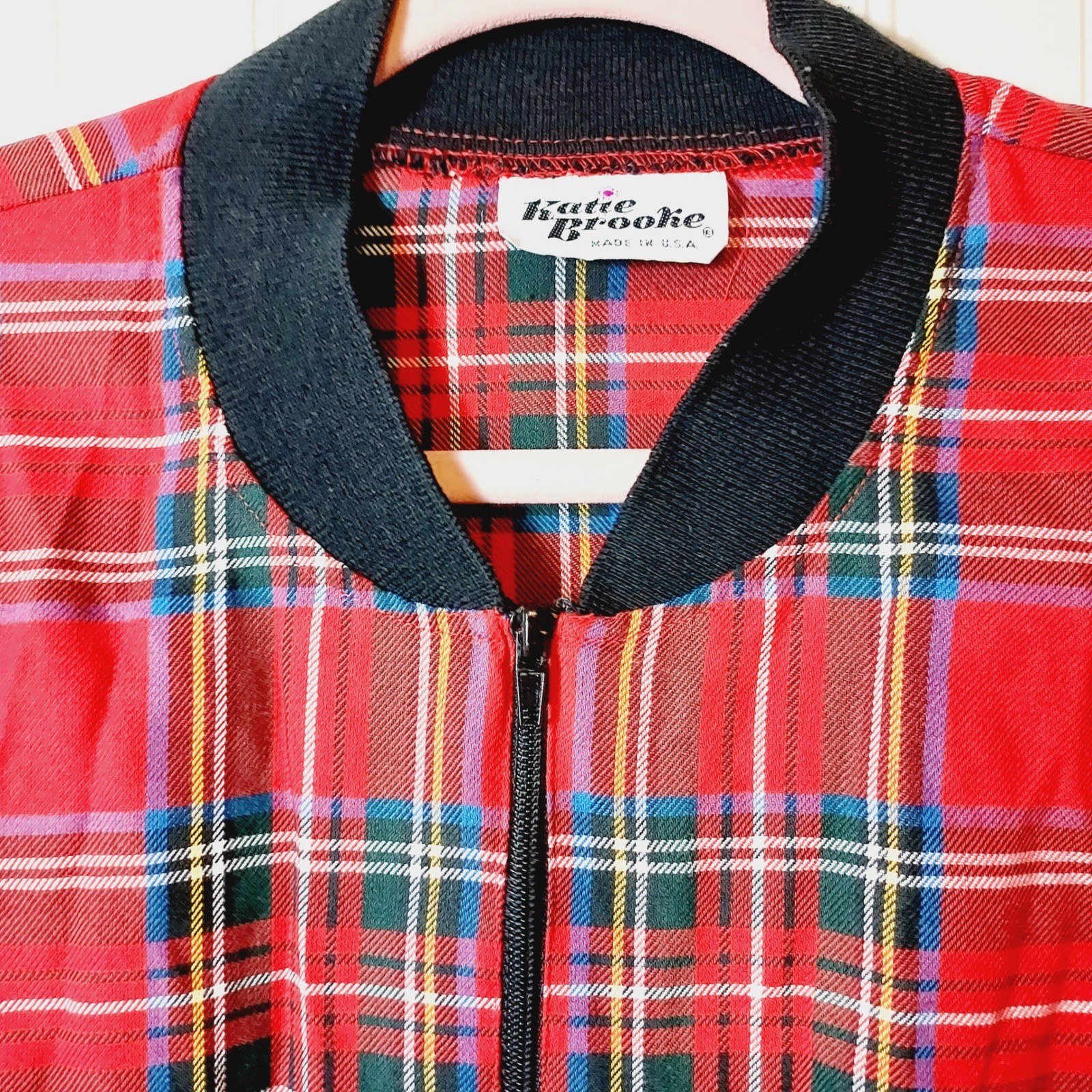 Katie Brooke Bomber Jacket Womens XL Red Plaid Vintage Zip Up Made in USA Ribbed