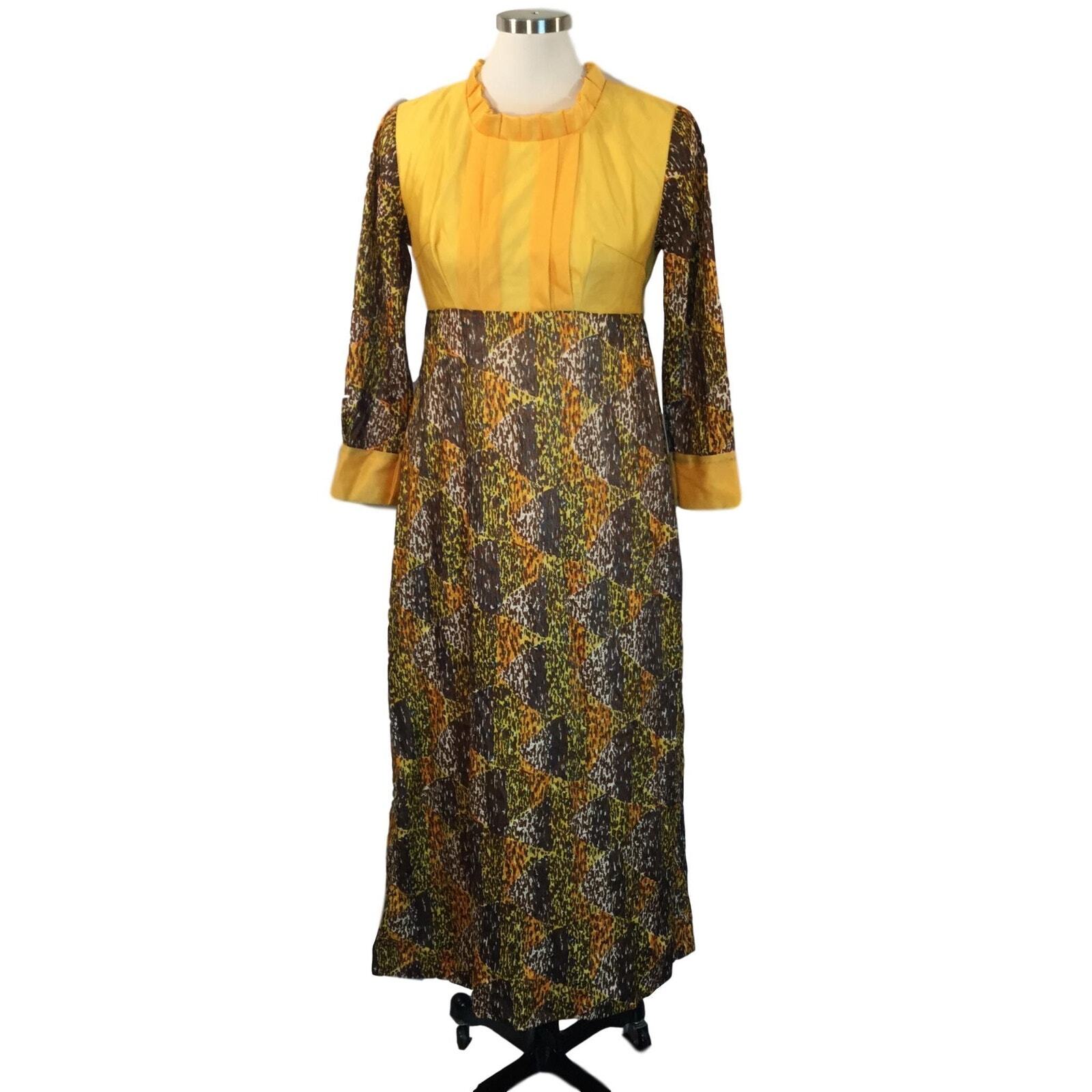 60s Mayfair Cotton Lined Yellow Fall Abstract Maxi Dress Pleated Long Sleeve