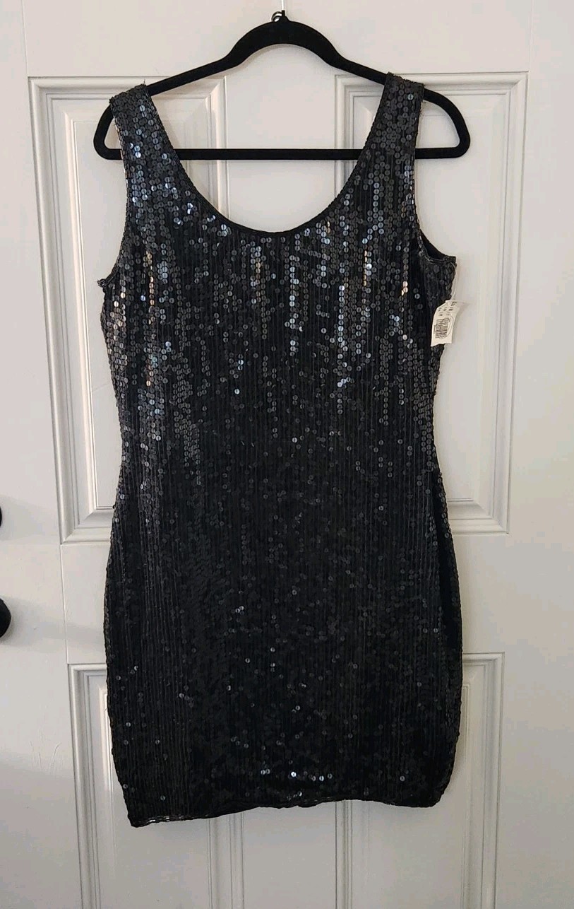 Vtg Y2K 90s Mini Dress 12 Black Silk Sequined Beaded Bodycon NY Club Dance NWT