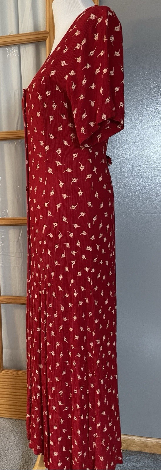 Vtg 90’s Norm Thompson Midi Dress Sz Red Floral Button Up Crinkled Boho Cottage