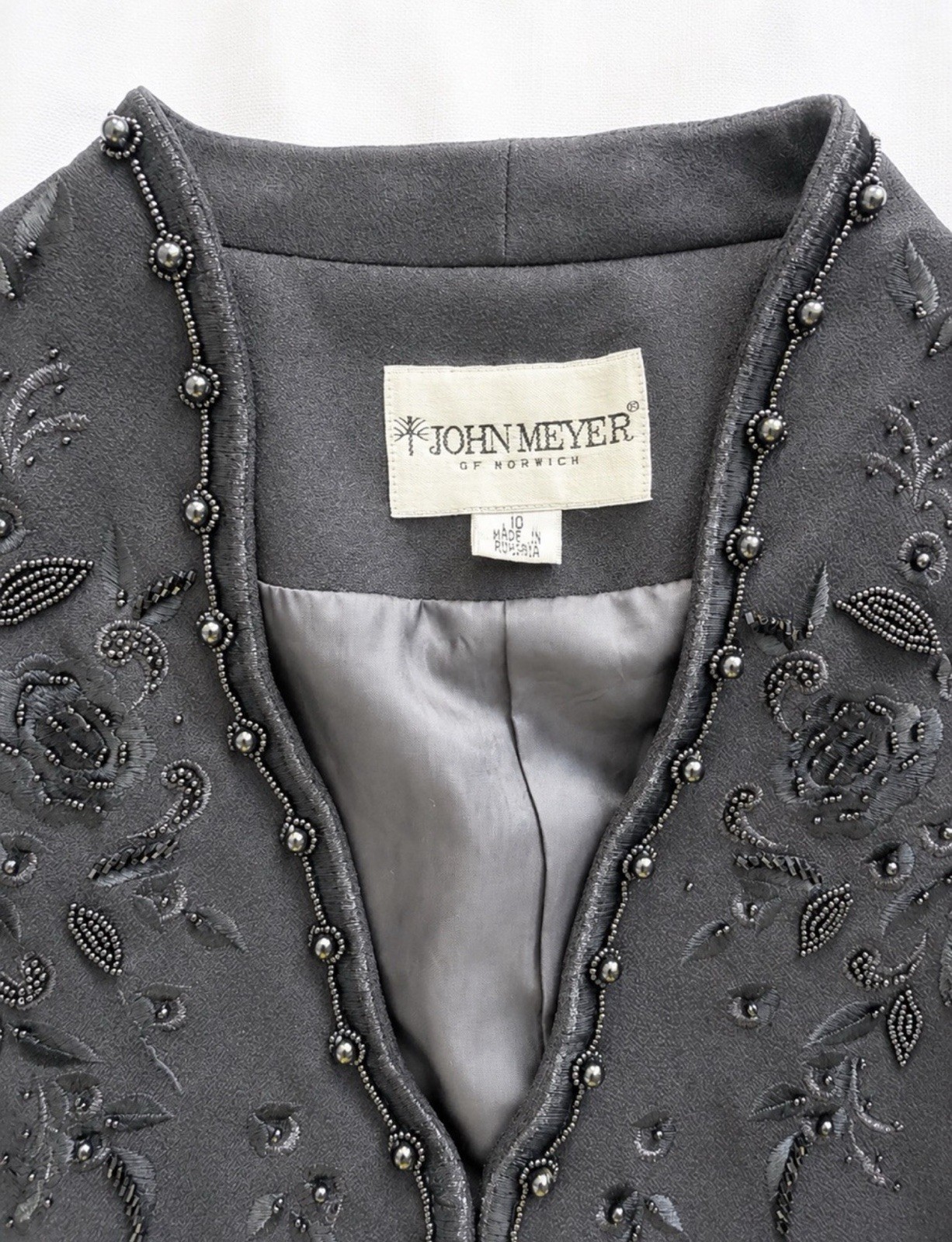John Meyer of Norwich Black Beaded Embroidered Open Front Jacket Blazer Vintage
