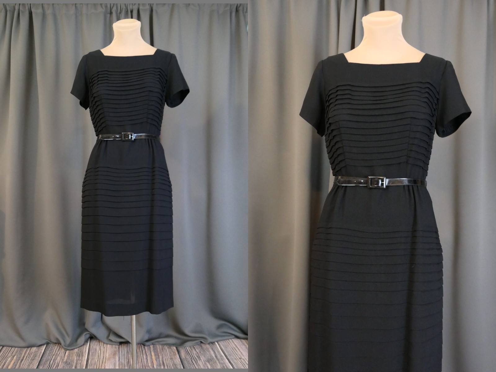 Vintage 1950s Black Pleated Dress, Hourglass Fitted, Gloria Swanson, 35 bust