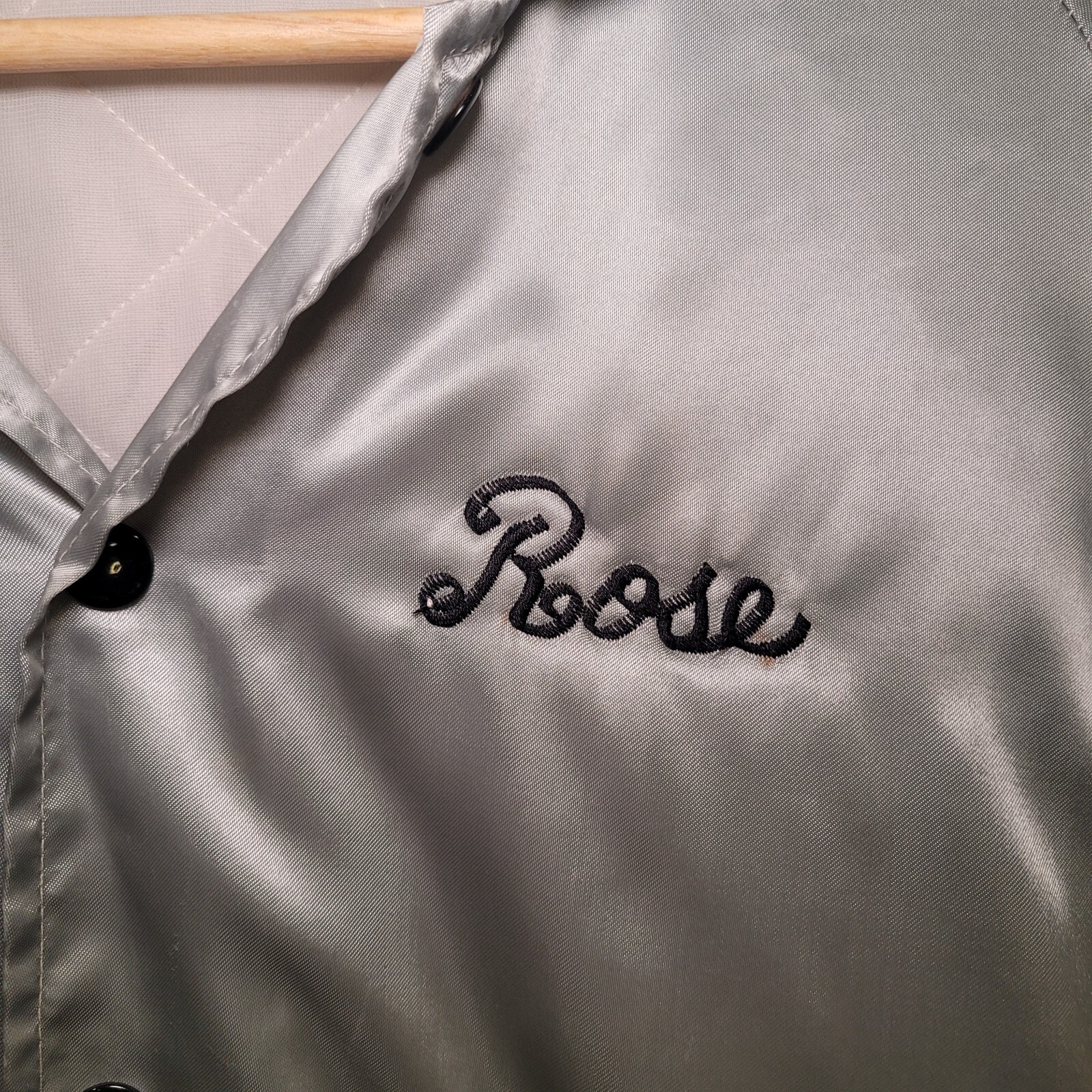 80s 90s Vintage Satin Silver Collared Bomber Jacket Rose Construction, Large