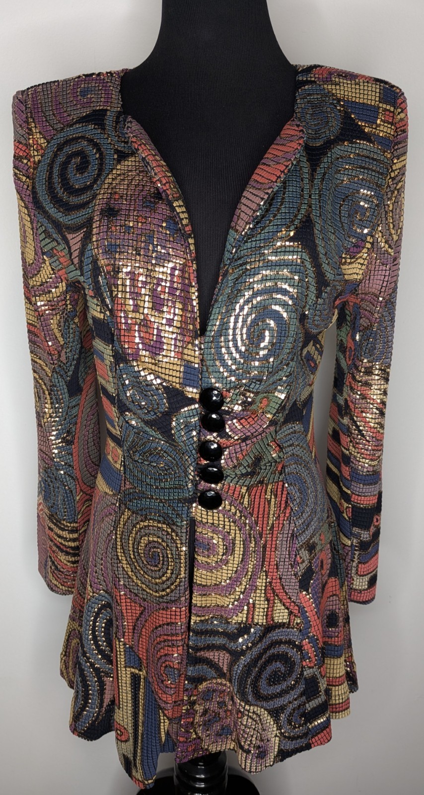 Vtg Lillie Rubin Hand Painted (?) Metallic Jacket Mosaic Pattern Spiral Petite