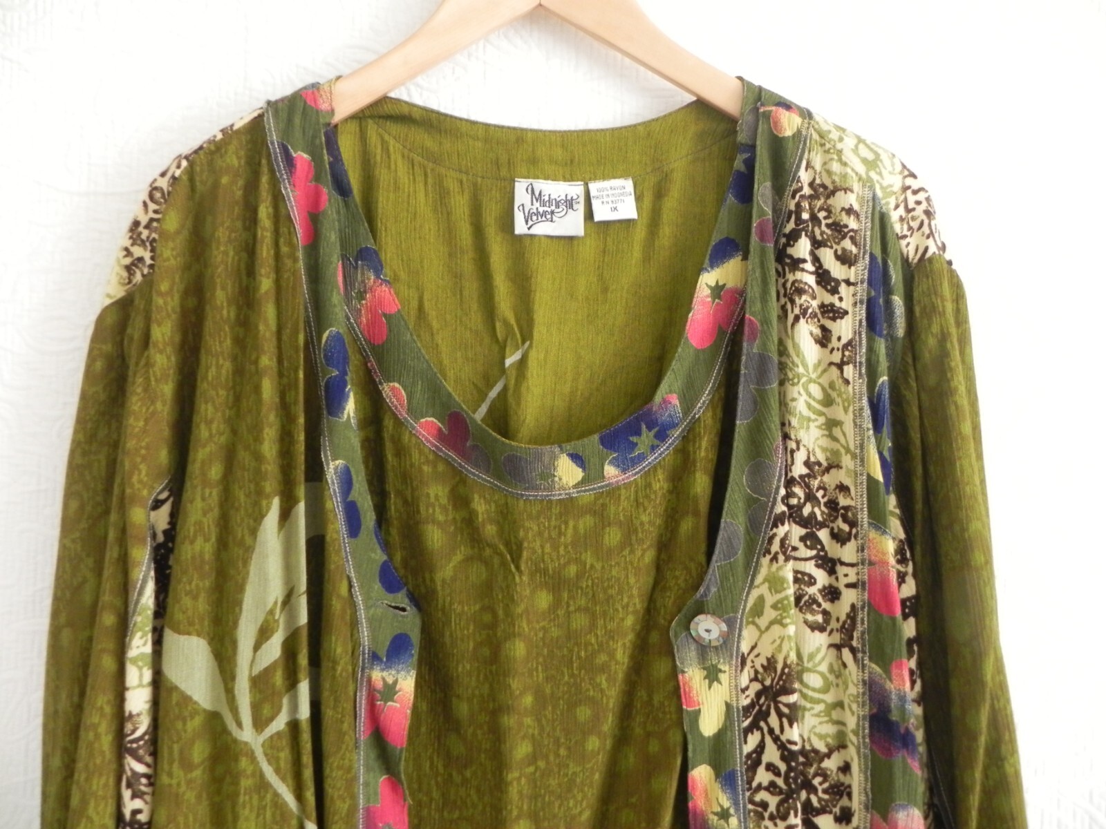 Midnight Velvet 3PC Long Sleeve Duster/Sleeveless Top/Midi Skirt Batik Size 1X