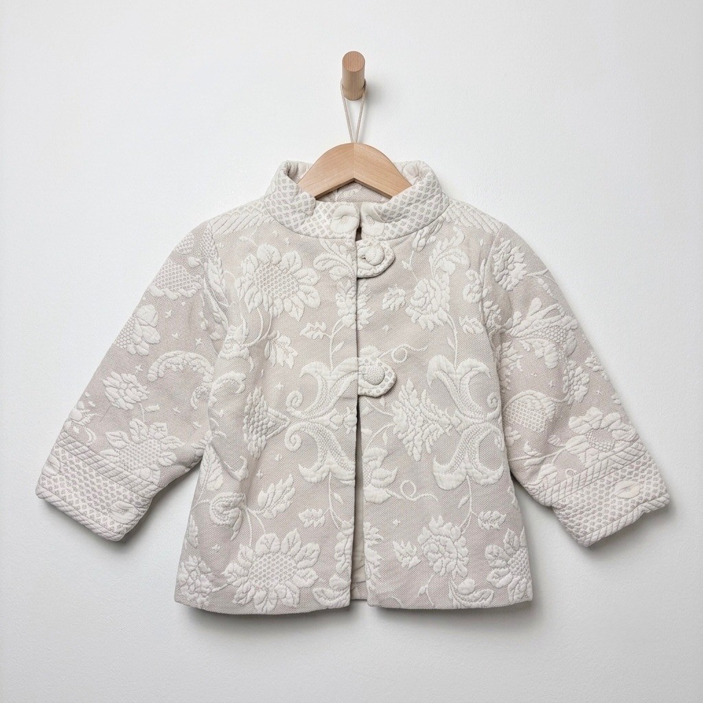 Suzi Beige Floral Quilted Matelasse Jacket Stand Collar Vintage Small Grandma