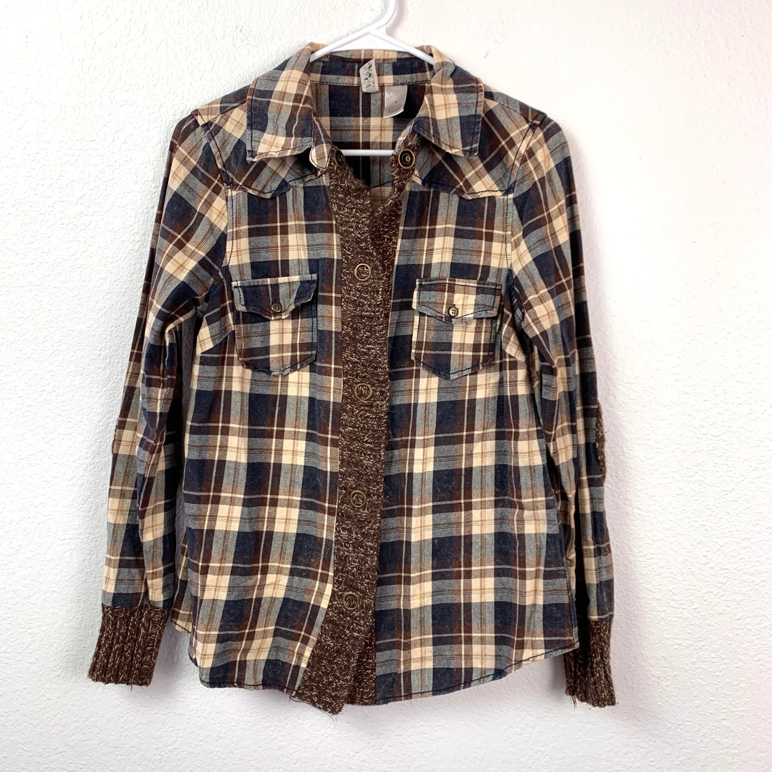 BKE Women’s Eased Flannel Shirt Plaid Knit S Brown Blue Bella Swan Twilight