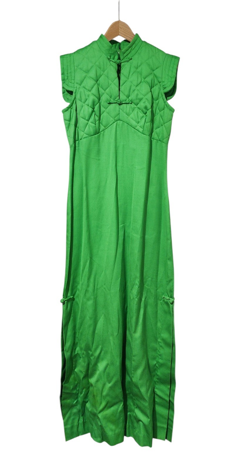Vintage Miss K by Alfred Shaheen Green Quilted Mandarin Collar Maxi Dress