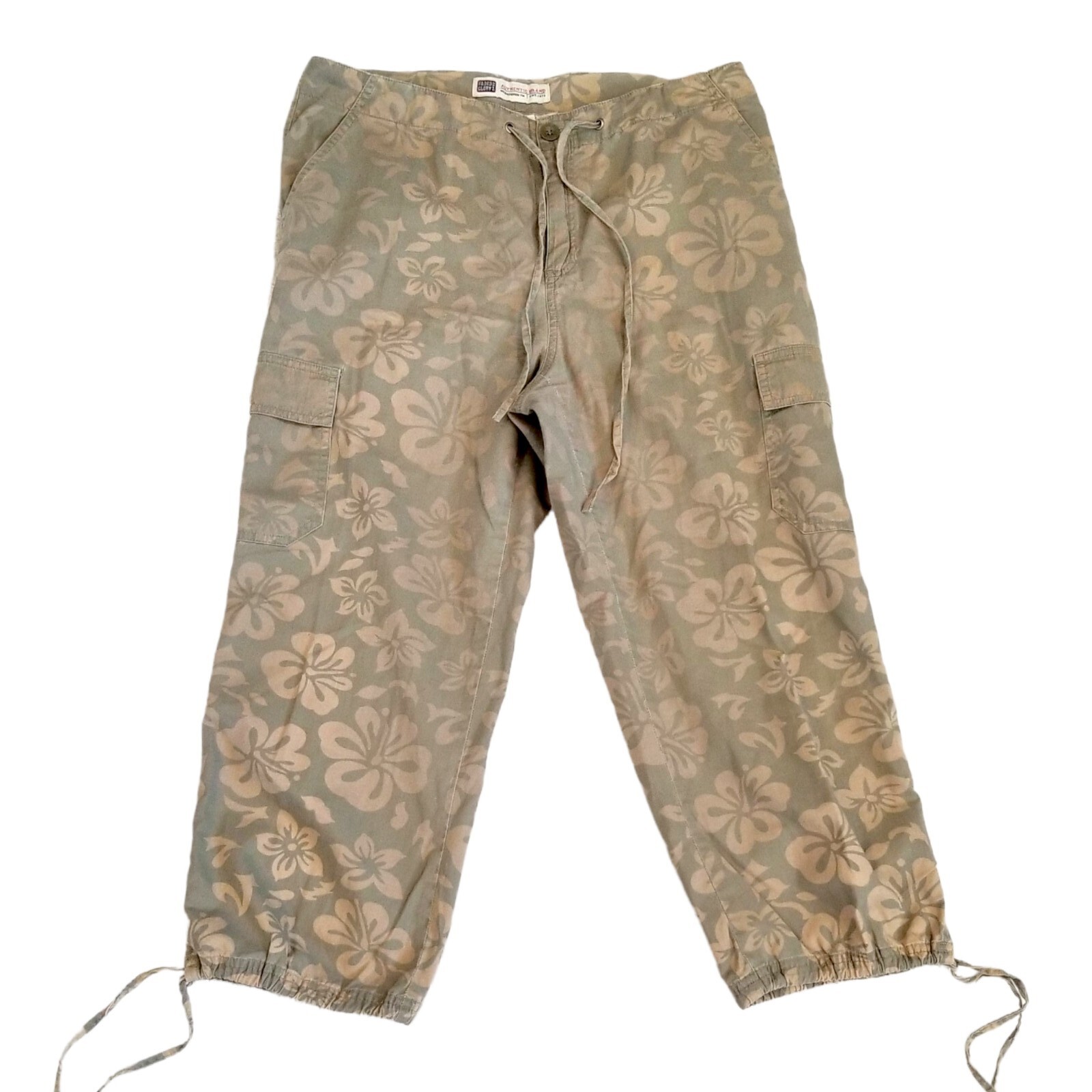 Vintage 90s Khaki Green Hawaiian Floral Cargo Cropped Pants Capris Size M 8/10