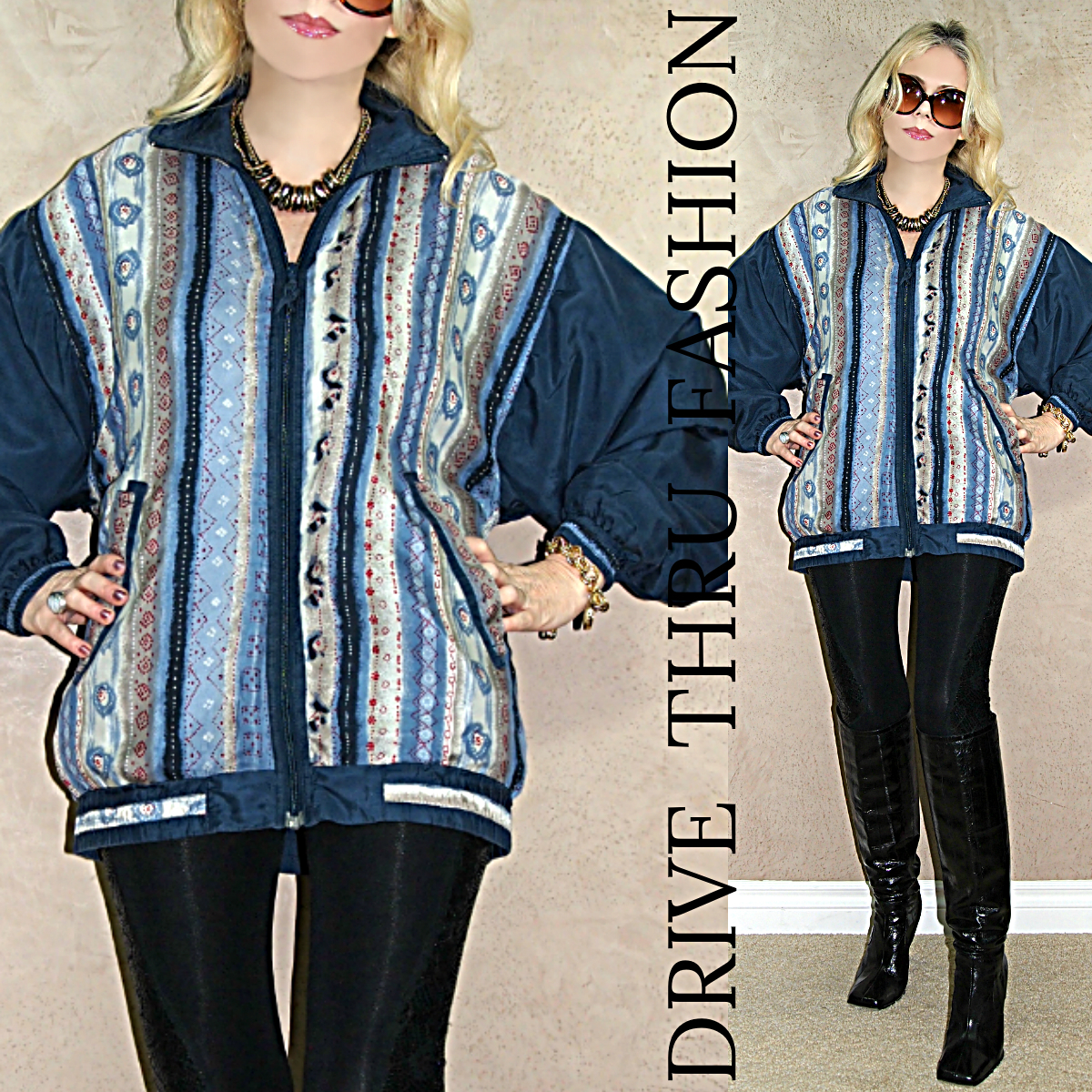 Vtg 90s Southwestern Slouchy Silk BOMBER ethnic striped GRUNGE Jacket DRAPE Coat