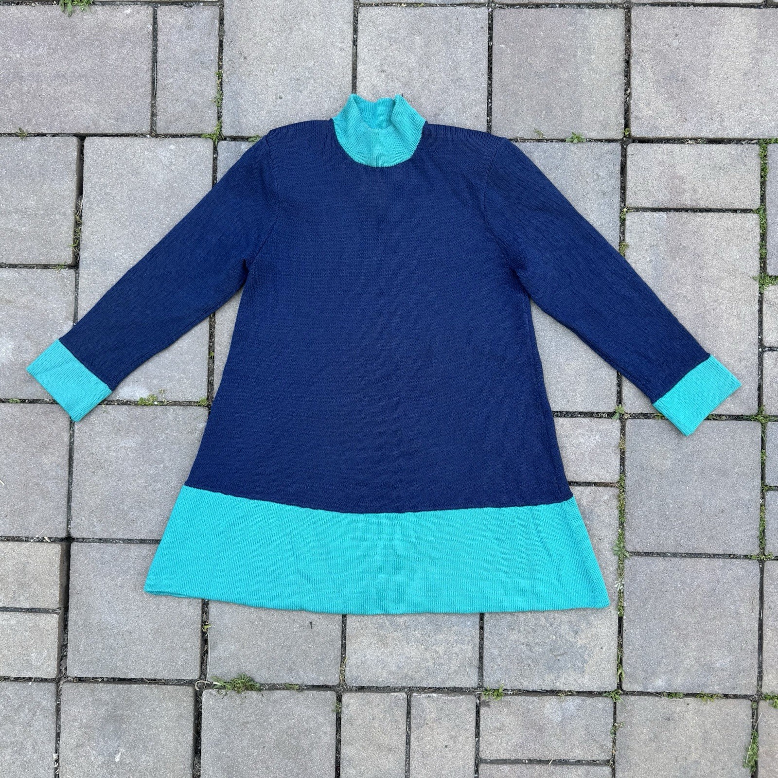Vintage St. John Santana Knit Blue Colorblock Tunic Mock Neck Women’s Petite
