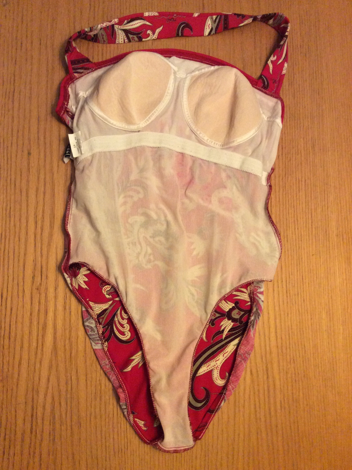 VTG Jantzen Red Multicolor Asian Print One Piece Halter Swimsuit Sz 14 Beach USA