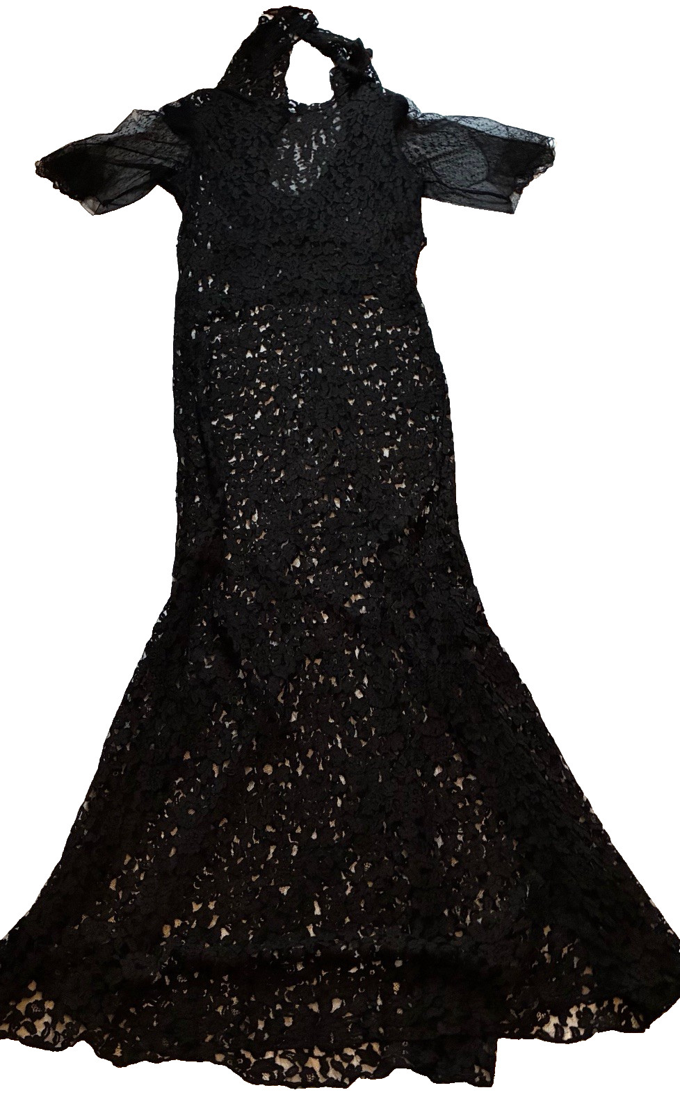 1920’S/30’S Black Art Deco Bias Cut Flutter Capelet Lace Evening Dress Small ￼