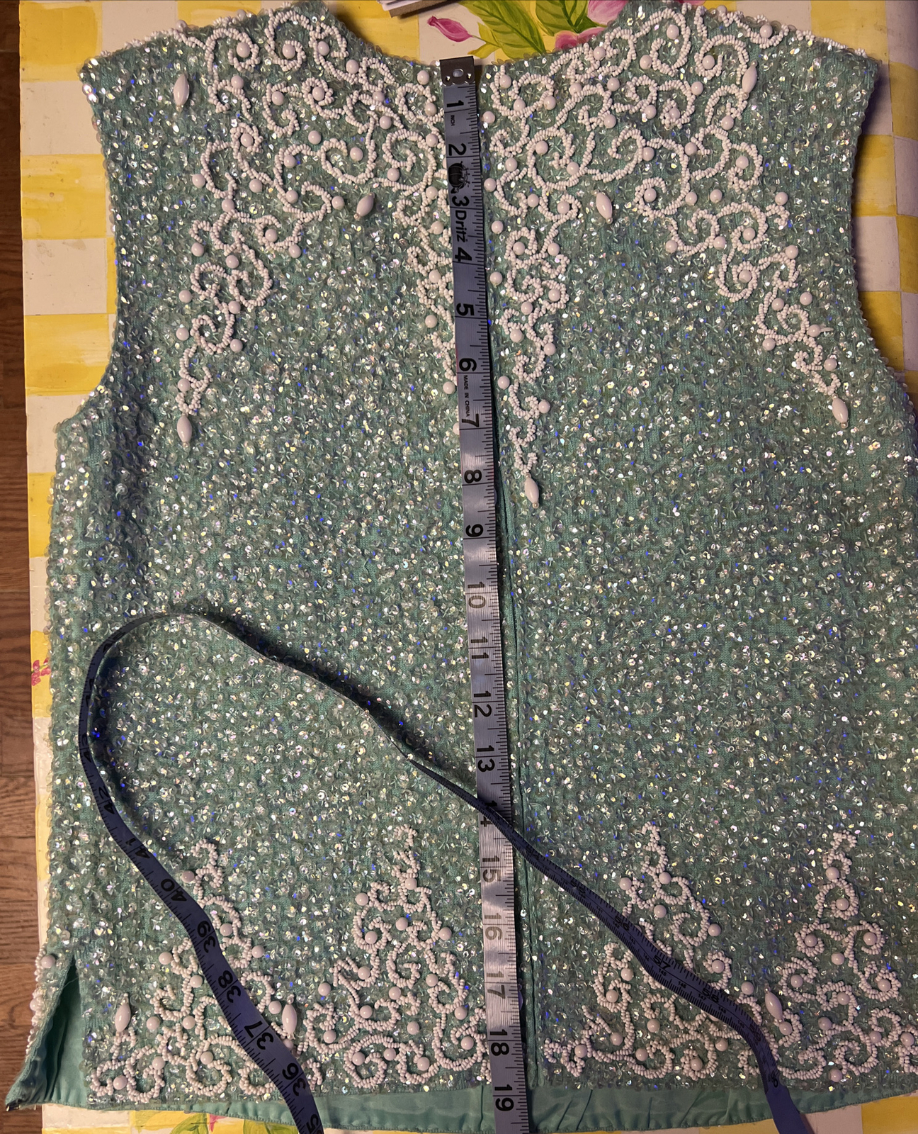 Vintage House of Gold Wool Heavily Blue Beaded Sequin Shirt Lined Zip Size 36