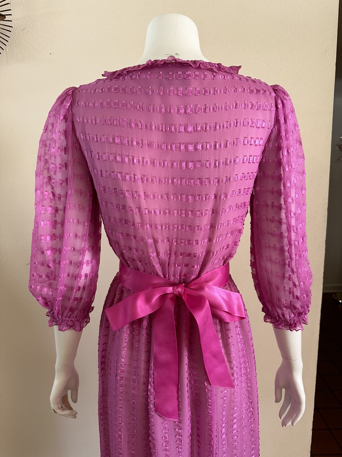 1980s Neiman Marcus Pink Sheer Ruffle Wrap Dress Ribbon Belt Petite Vintage