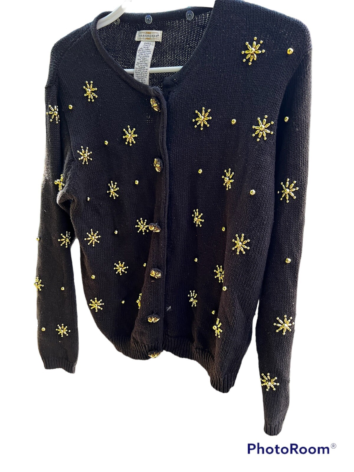 VTG YARNWORKS BLACK Xmas Sweater GOLD Stars Size Small