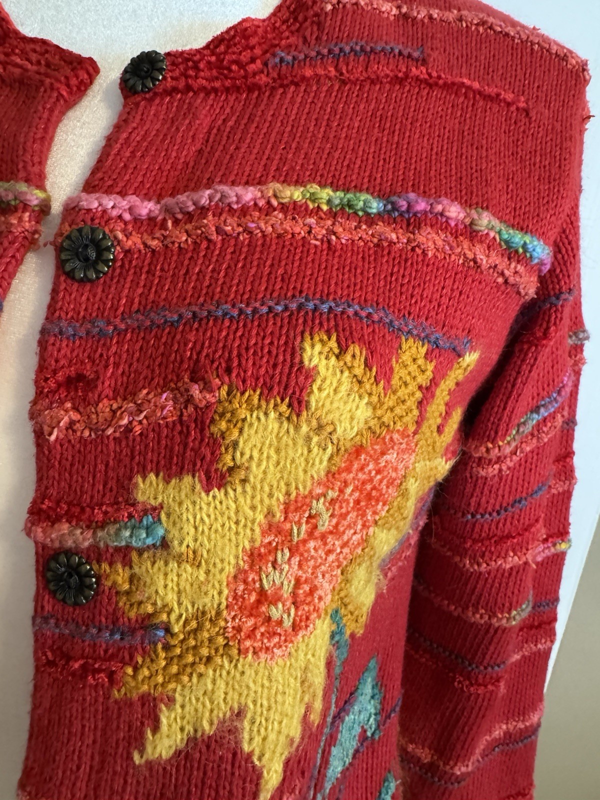 Susan Bristol Sunflower Hand Knit Red Cardigan 2002 Granny core Med Cotton/silk