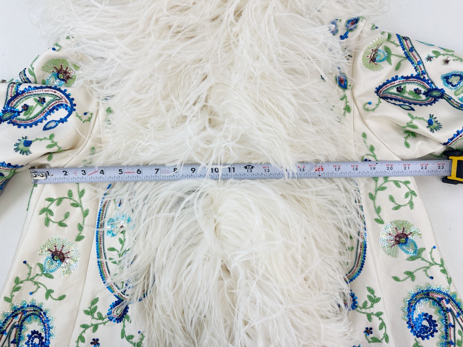 CHRISTIAN DIOR Paisley Ostrich Feather Coat 6 Ivory Blue Green Sequin Bead 2008