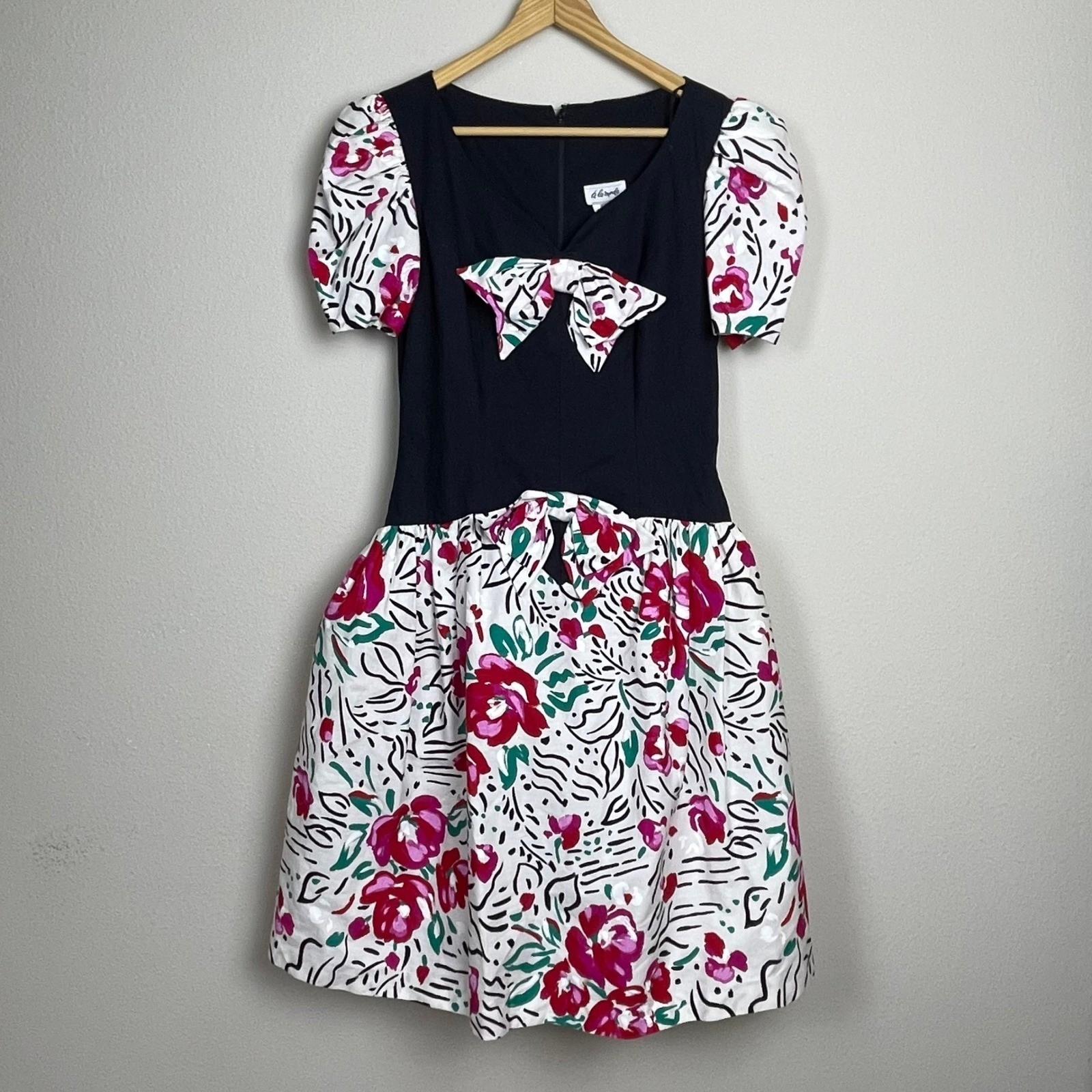 Vintage A La Mode Dress Puff Sleeve Bow Floral Print Dark Navy Size 5/6