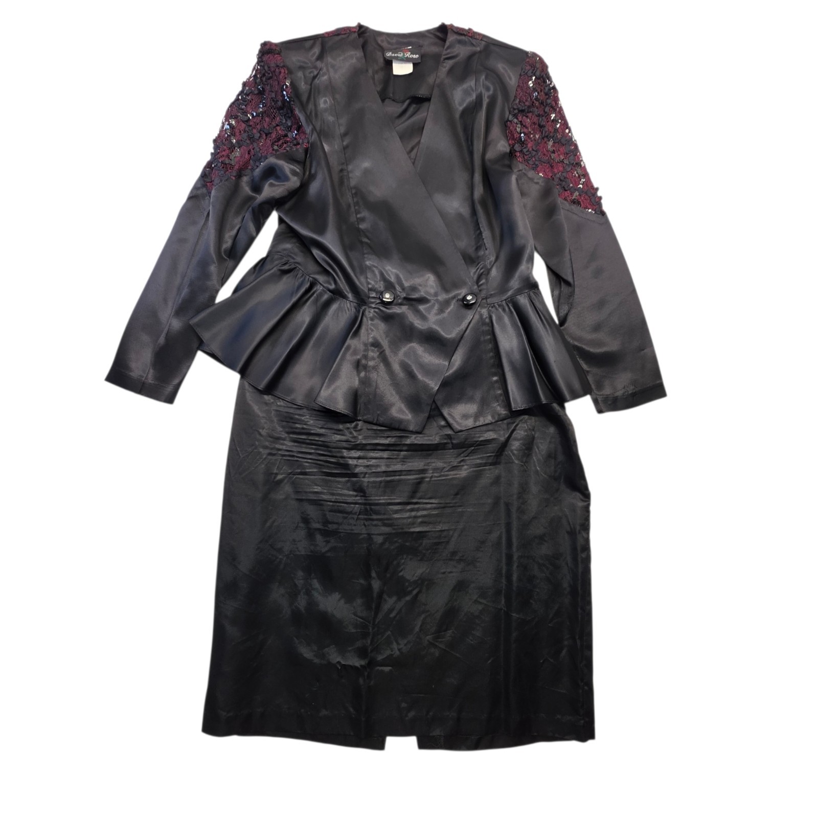 Vintage 1980s Skirt Suit Black Satin Peplum Jacket Blazer Embellished Lace Sz 14
