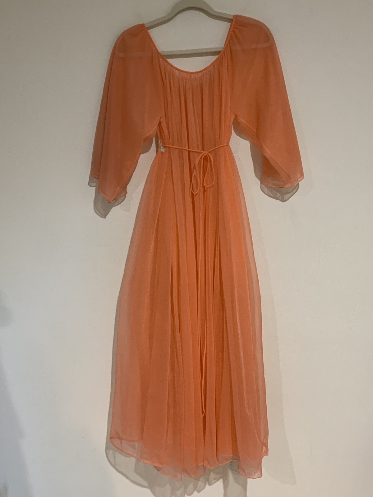 VTG S M Nightgown Orange Double Chiffon Nylon Lace Trim Tie Back Ro-Vel Calif