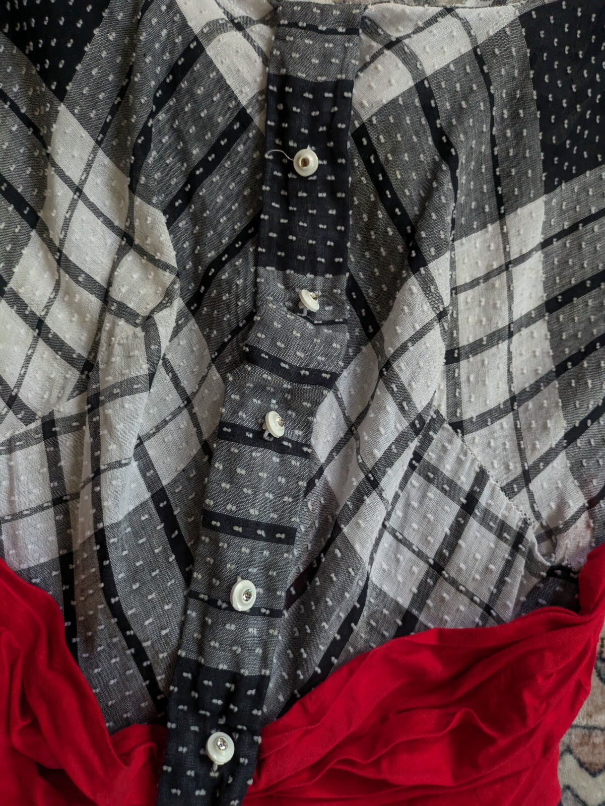 Vintage 1950s Lana Lobell Plaid Dress Red Scarf Waist Short Sleeve