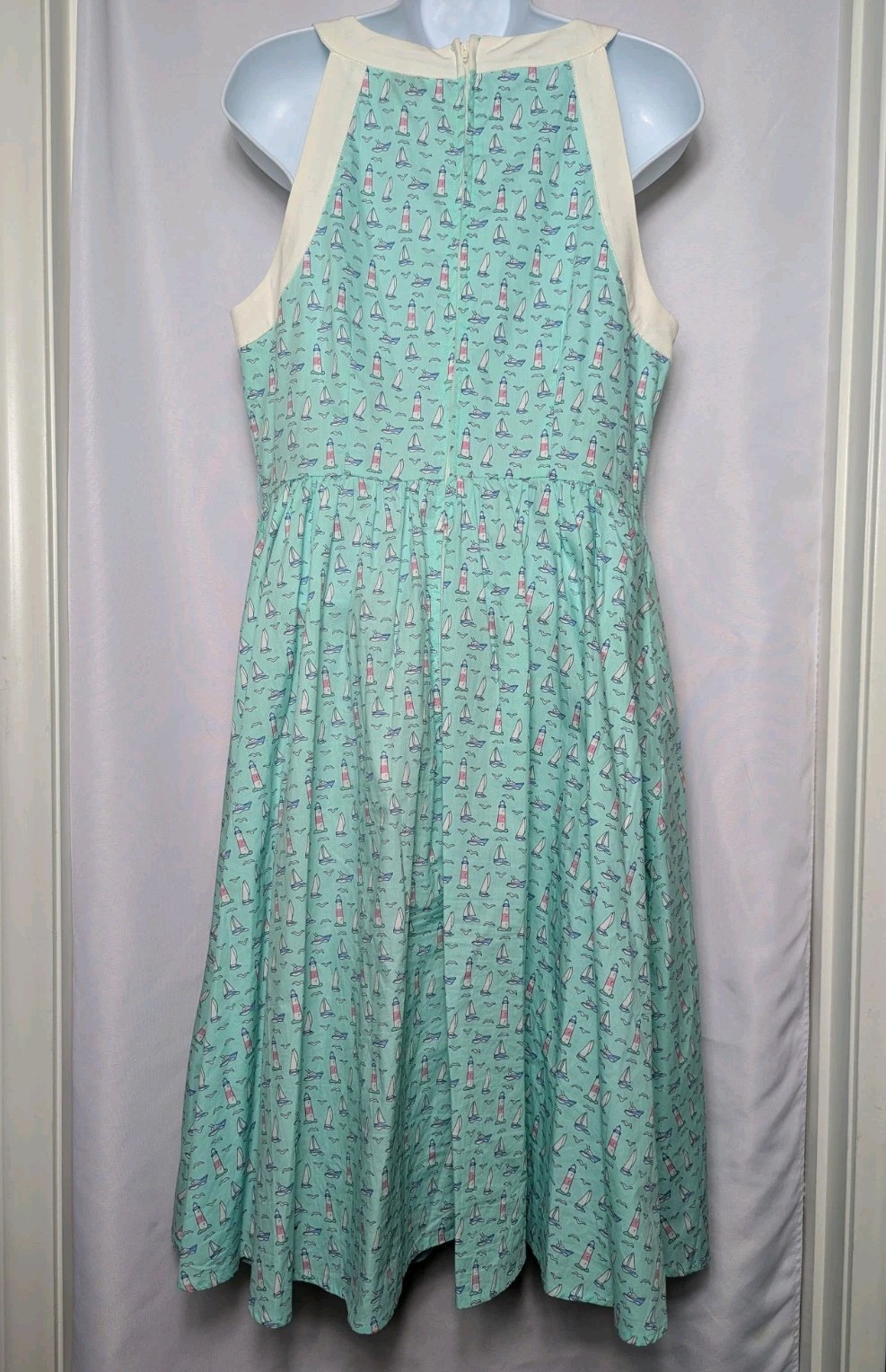 Unique Vintage Maxine Dress Sailboat Lighthouse Print Swing Turquoise Blue Sz M