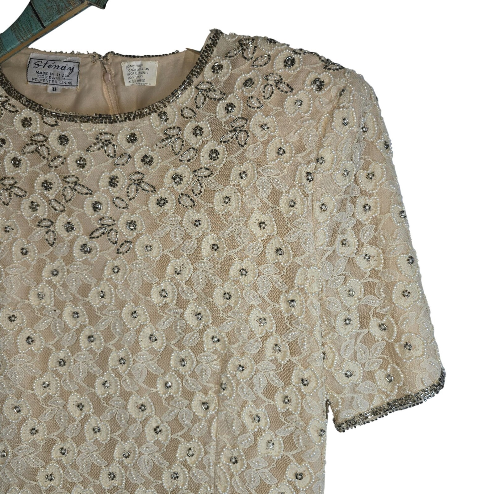 Vintage Stenay White Pearl Silver Bead Champagne Lace Mini Sheath Cocktail Dress