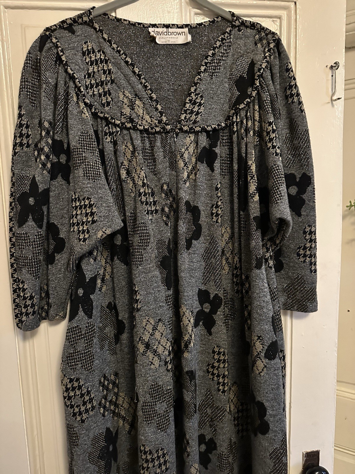 Stunning David Brown, 1970s metallic balloon sleeve houndstooth flower dress