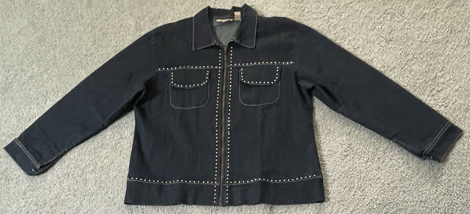 Vtg 80s Beaded Full Zip Jean Jacket Womens 16W Blue Chambray Rhinestones Classic