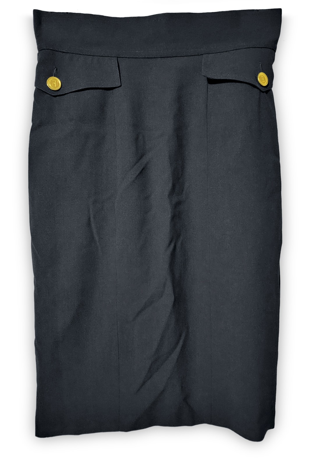 CHANEL Boutique Black Wool Pencil Skirt 24K Gold CC Button XS VTG 80s France