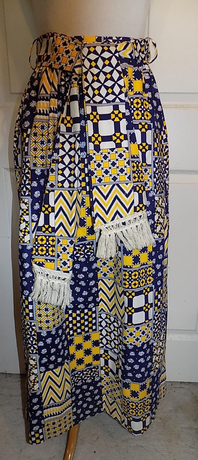 Vintage 60s Blue Yellow White Cotton Long Maxi Skirt Matching Fringed Sash W24