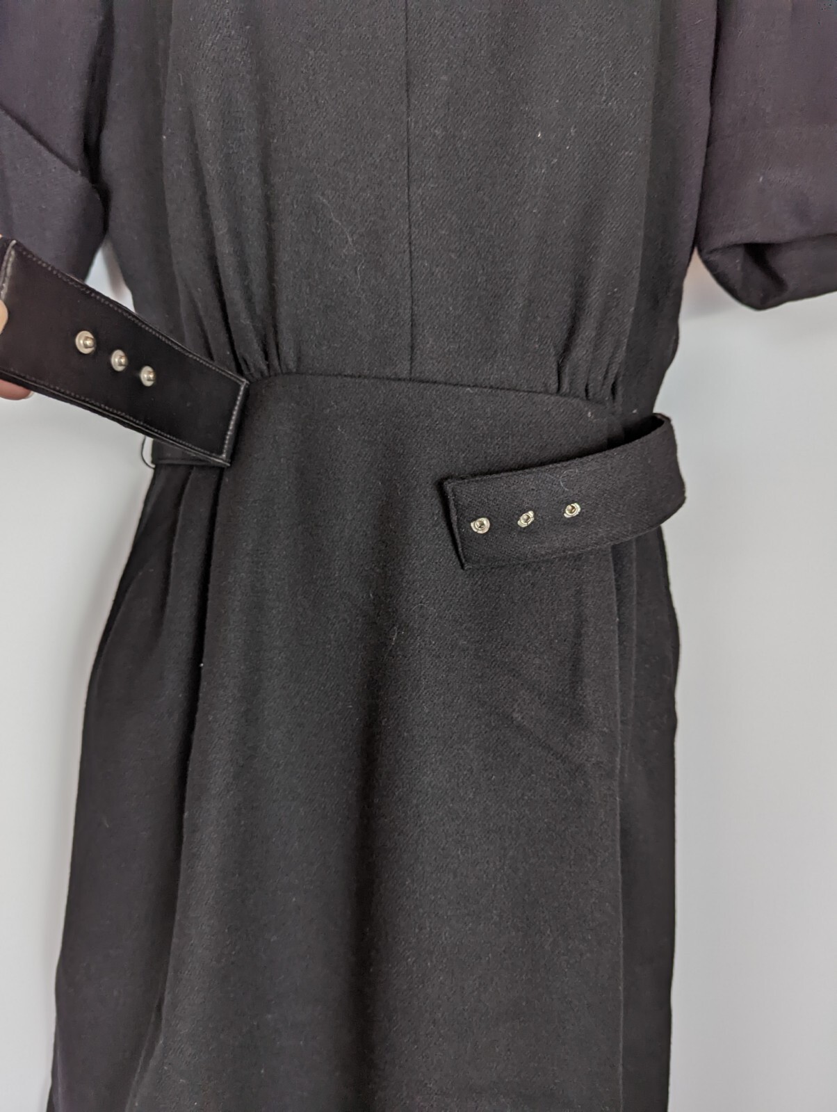 NANCY GREER NEW YORK VTG 70s Black Wool Belted Sheath Dress MED