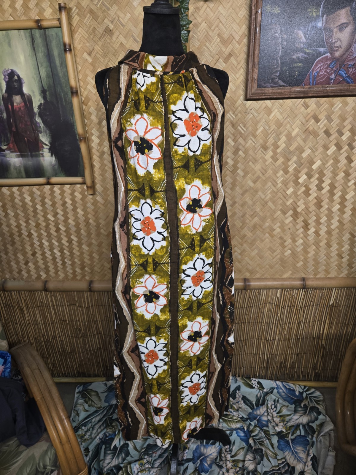 Vintage Kiyomi Of Hawaii Brand Hawaiian Barkcloth Aloha Maxi Dress w1112