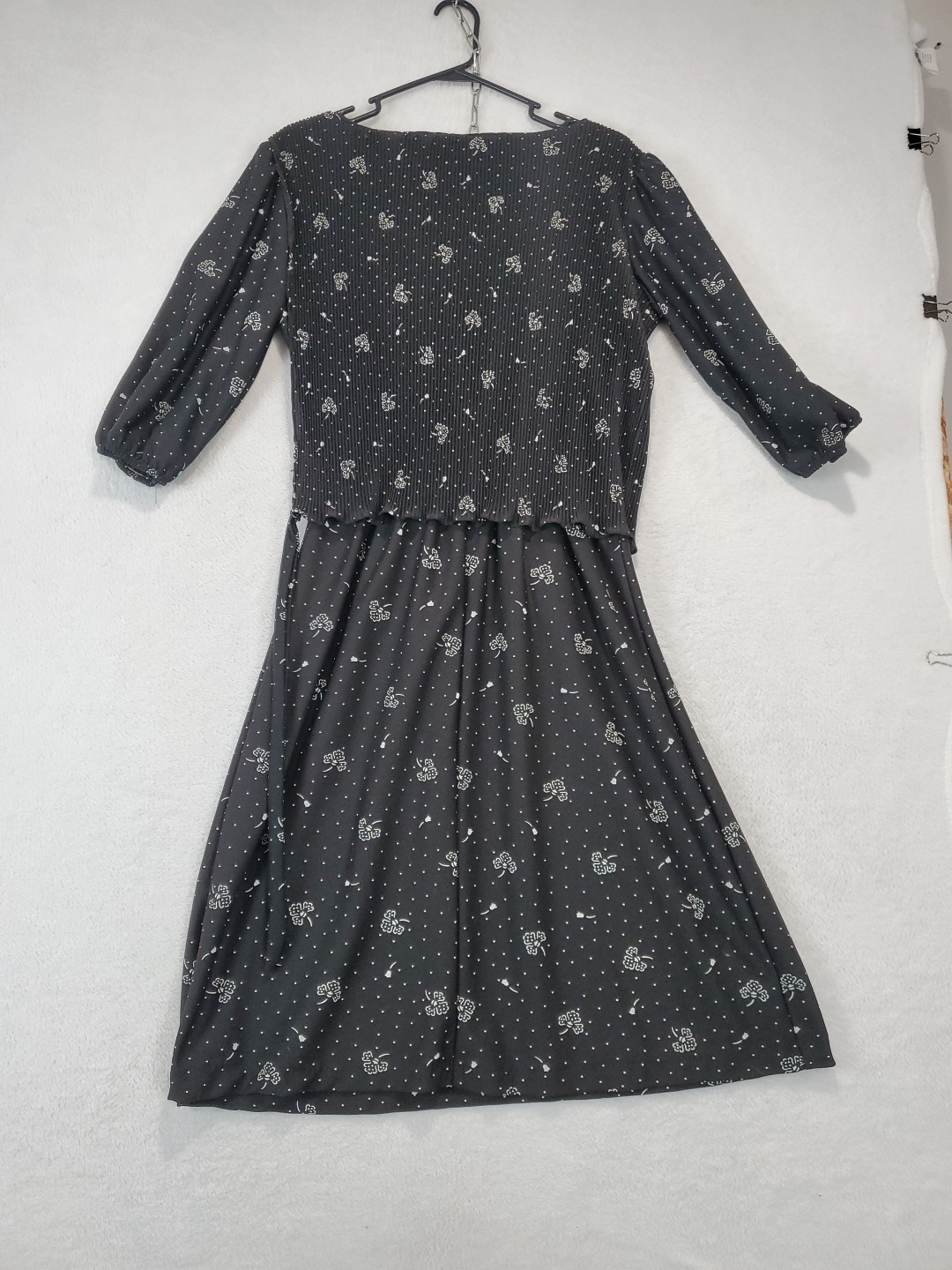 Vtg 70s Laurel Ridge Black Floral Midi Dress Smocked Overlay Top A Line Sz 15/16