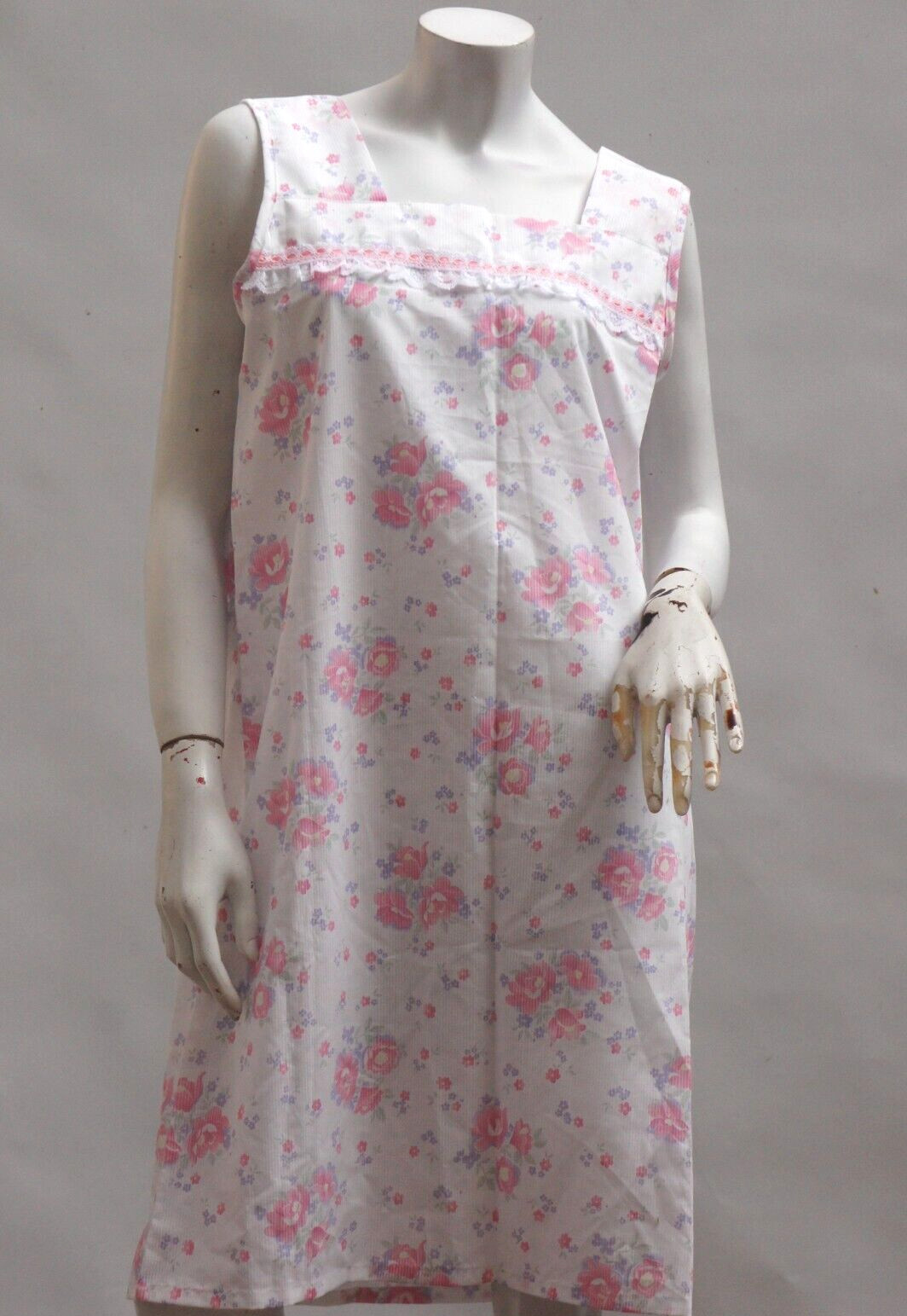 Vintage 60s Floral Nightgown Dress Medium Woven Cotton Blend Mid Century 1960s