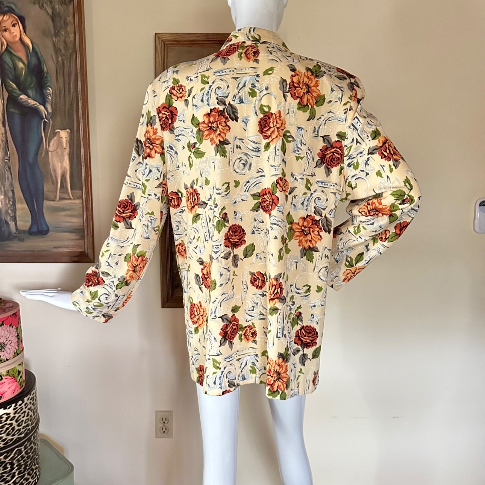 Vintage 90s Yellow Garden Floral Yuppie Blazer Work Wear Coat Jacket L/XL Volup