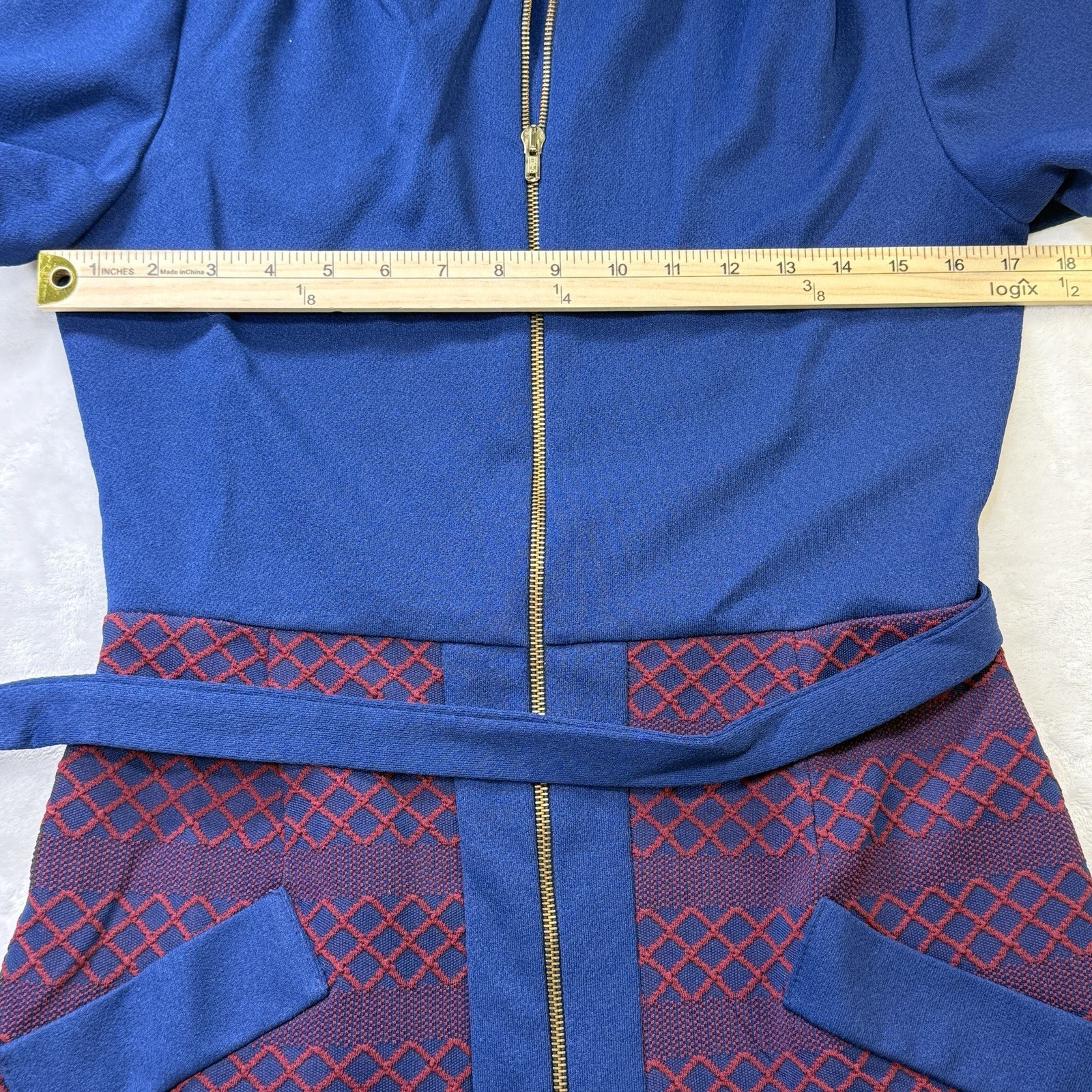 Vintage 60s 70s Grays Landing Mod Zip Front Dress Blue Purple 12P Mid Century