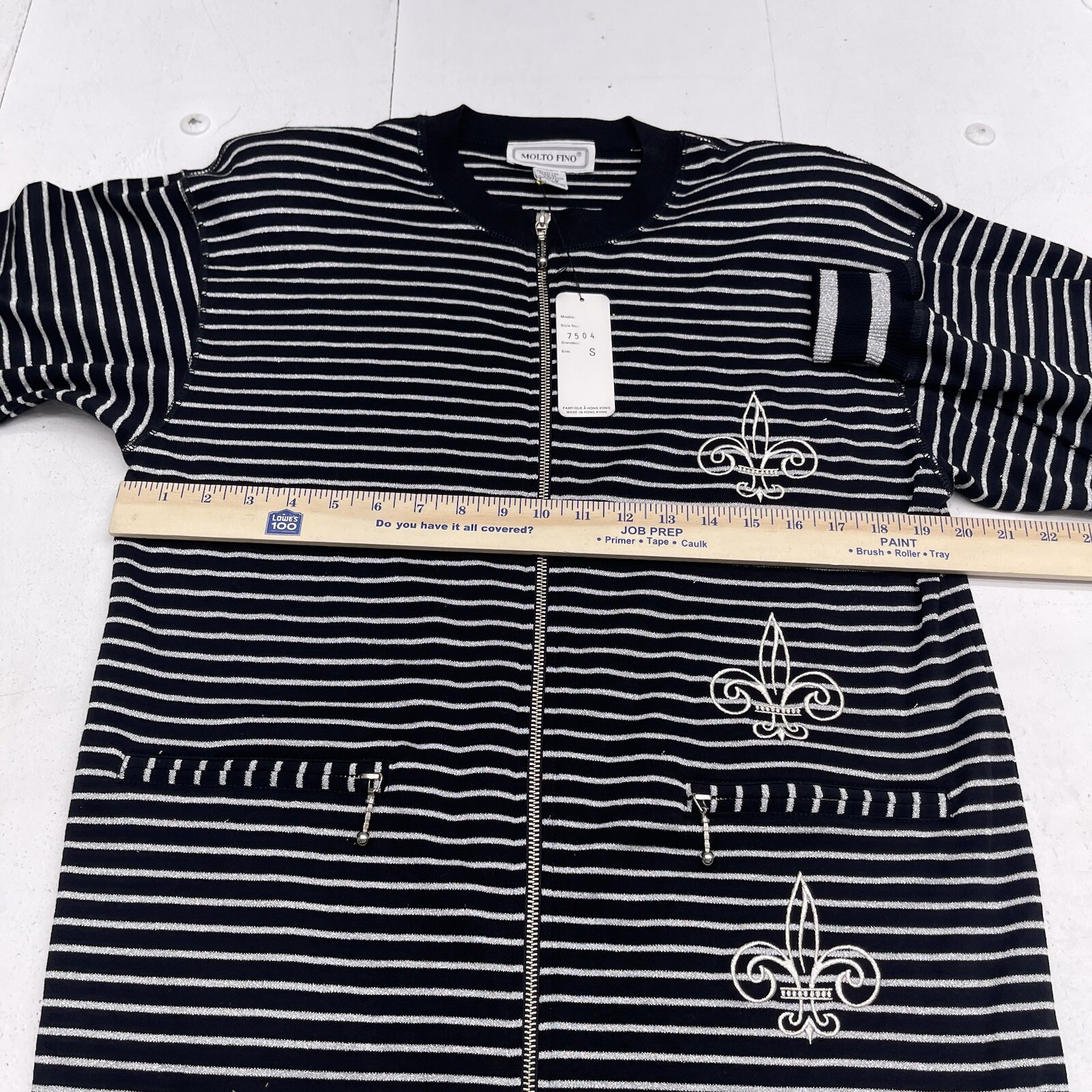Vintage Molto Fino Black Silver Stripe Fleur De Lis Zip Up Jacket Women’s S New
