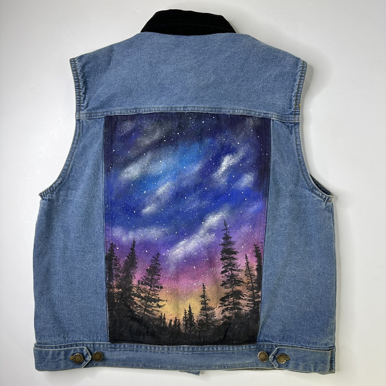 Vintage Hand Painted Denim Vest Womens Size M Forest Stars Generra Art To Wear