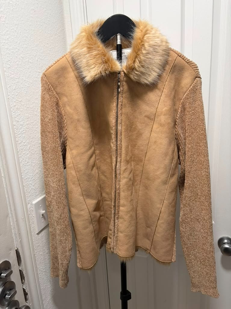 Y2K Lisa International Faux Fur Collar Suede Knit Zip Up Jacket