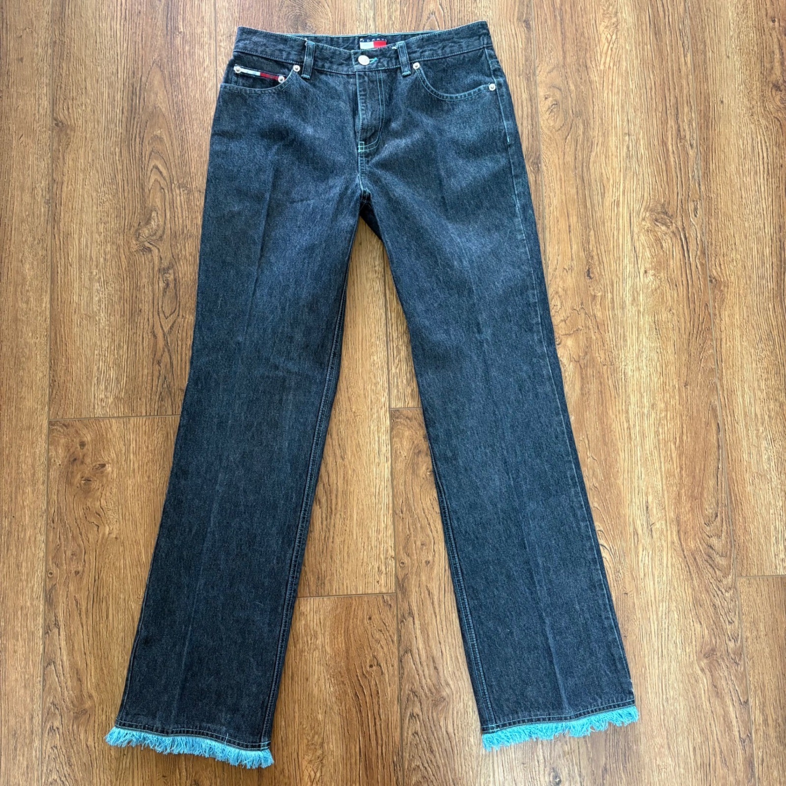 VTG Y2K Tommy Jeans Dark Wash Bootcut Blue Fringe Hem Womens 7 Boho Low Rise
