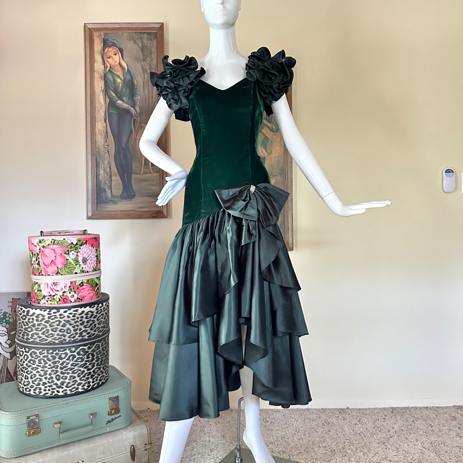 Vtg 1980s Green Velvet & Satin Party Prom Dress Iconic Giant Ruffle Sleeves S
