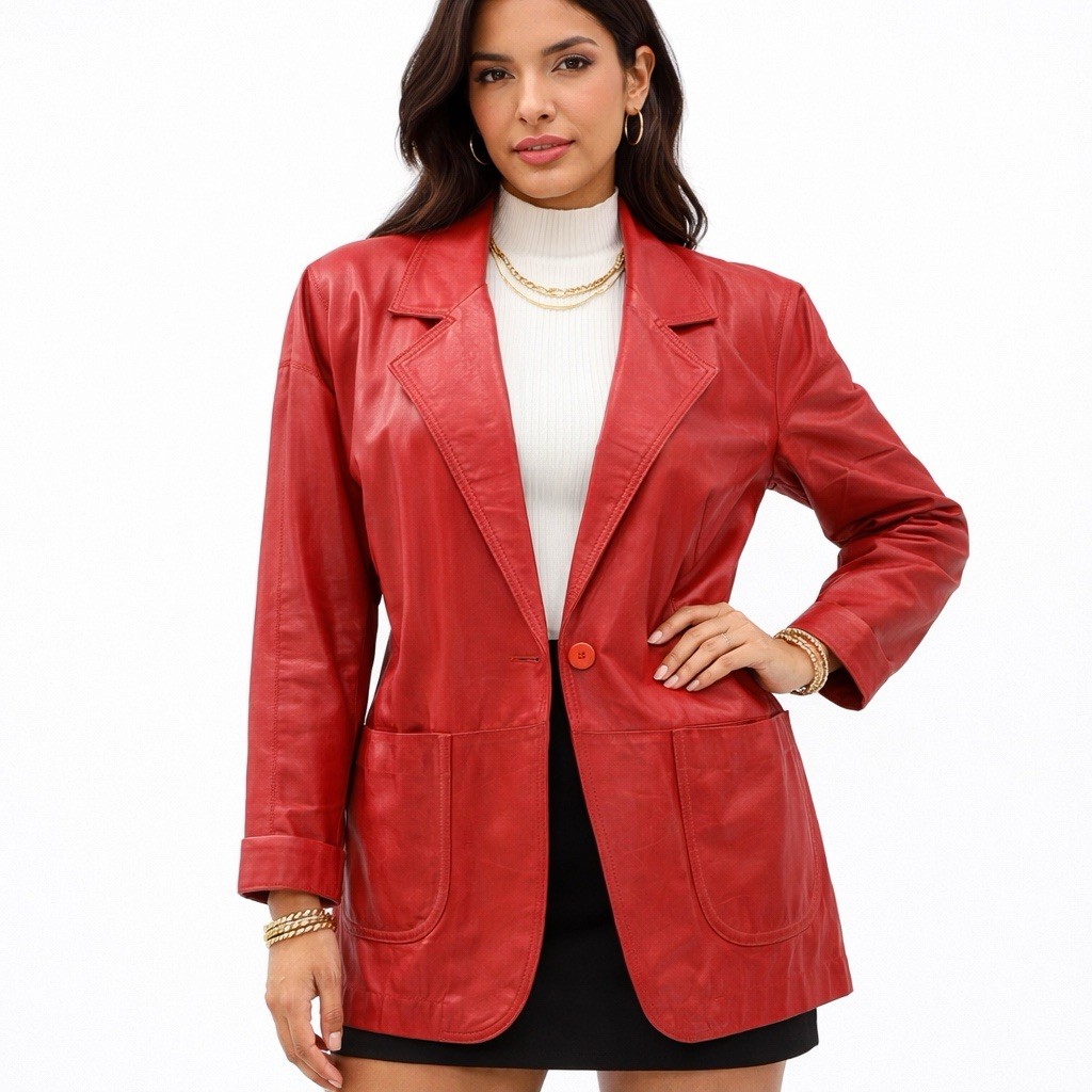 80s Vintage Red Leather Jacket Womens M Oversized Holiday Blazer Relaxed Fit