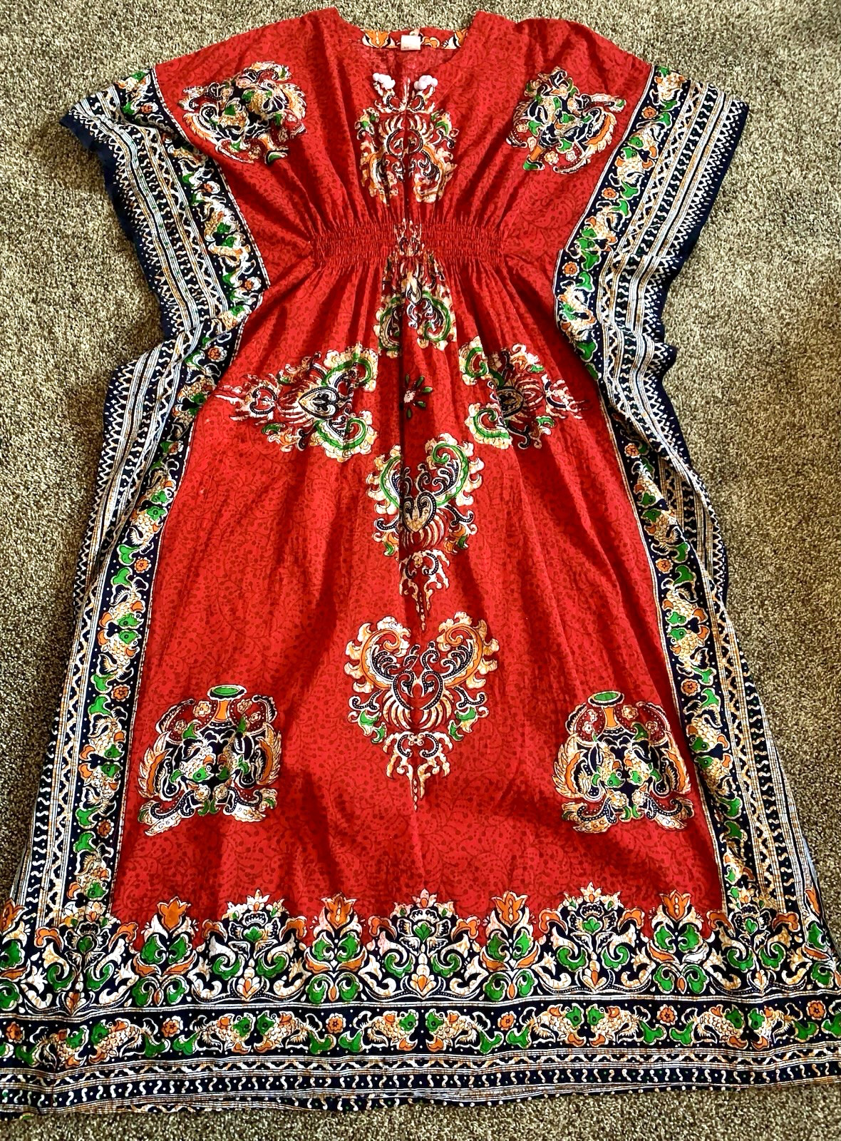 VTG RED BATIK Asian Maxi Long DRESS Kaftan Muumuu Lounge Flutter Empire LARGE