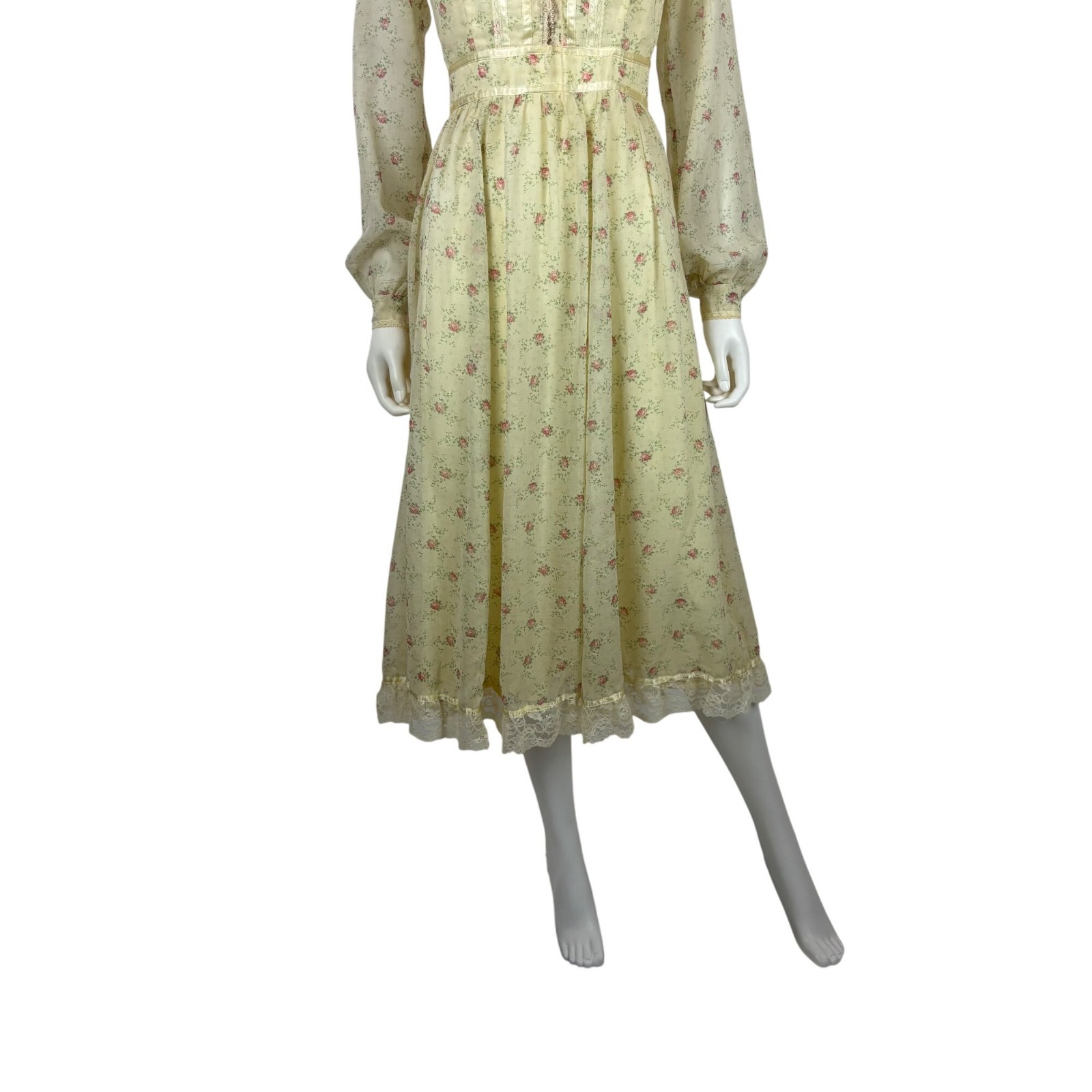 Vintage 70s Prairie Dress Womens Small Pink Rose Print Long Sleeve Gunne Sax