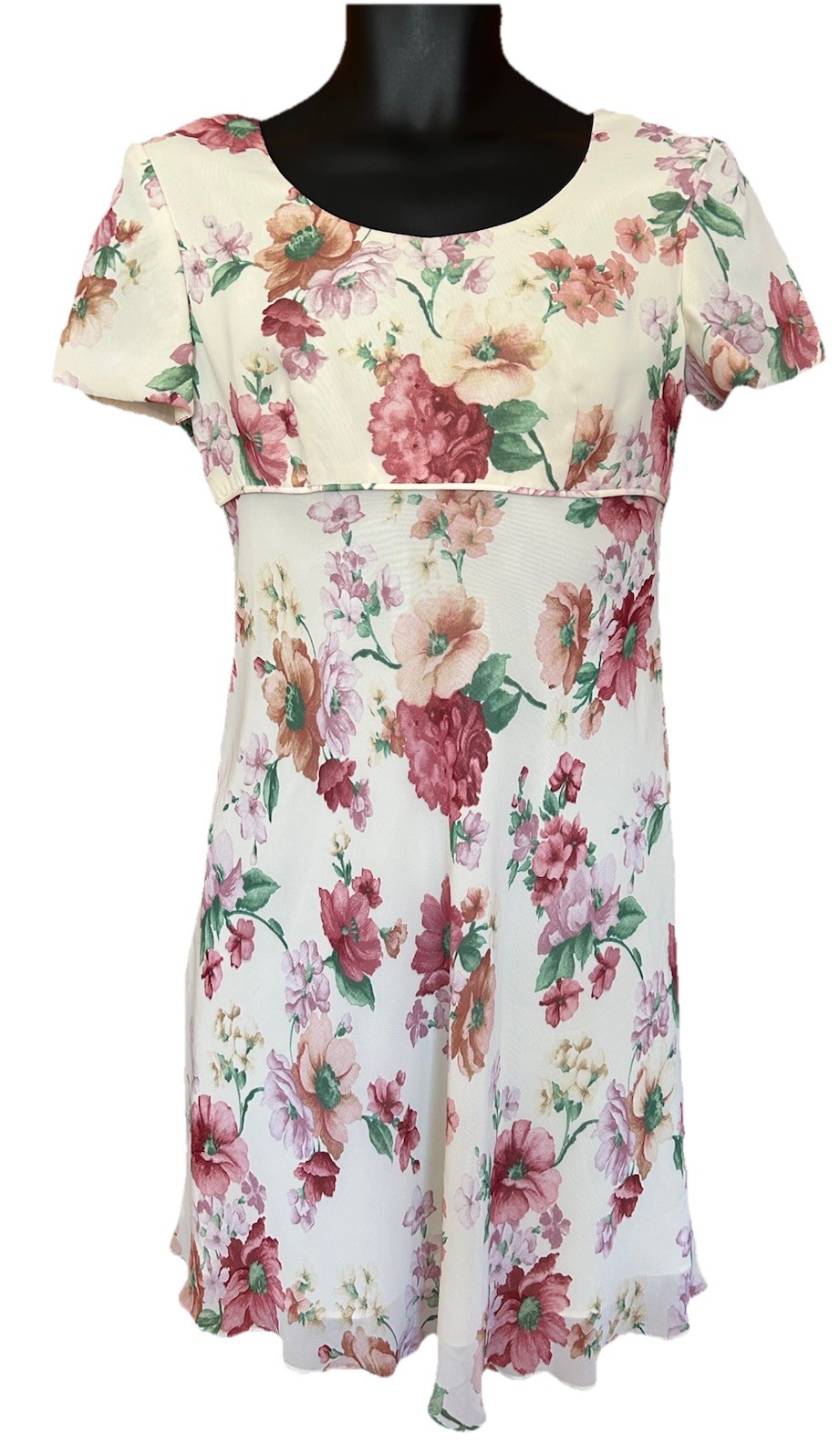VTG 90s Donna Ricco Chiffon Floral Babydoll Midi Dress 4P Tie Back Fairy Cottage